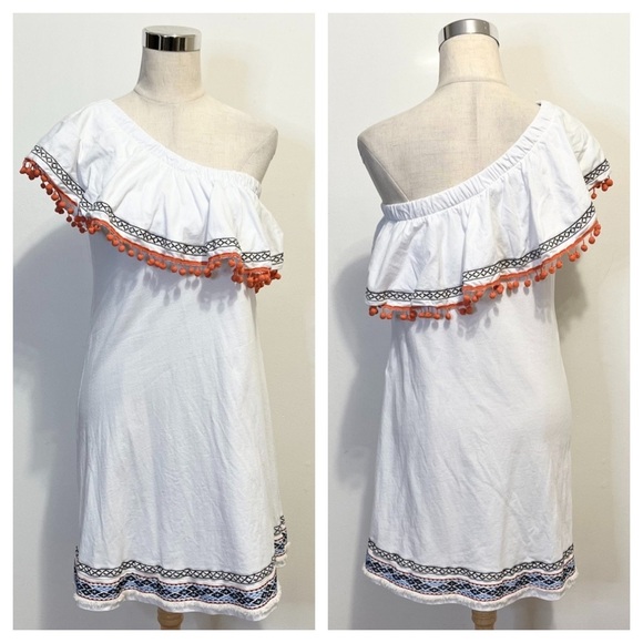 ASOS One Shoulder Embroidered Pom Pom Dress Womens Size 6 - Picture 3 of 9